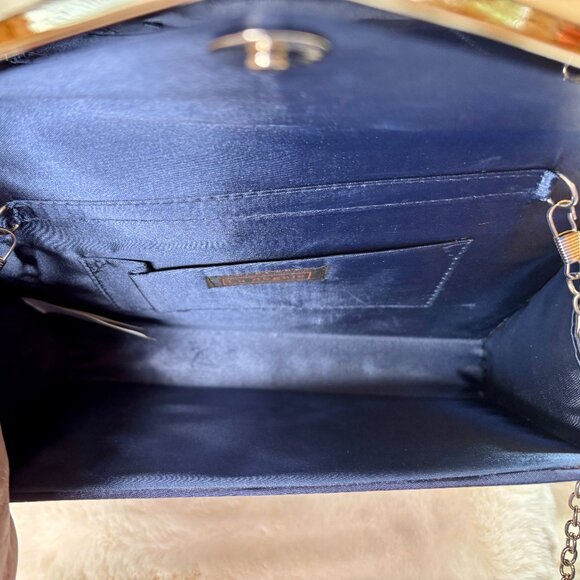 La Regale Crisscross Navy Blue Satin Structured Envelope (Clutch/ Shoulder Bag/ - Picture 12 of 16